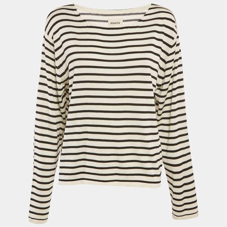 Pre Owned Khaite Off-White Striped Knit Long Sleeve Top S