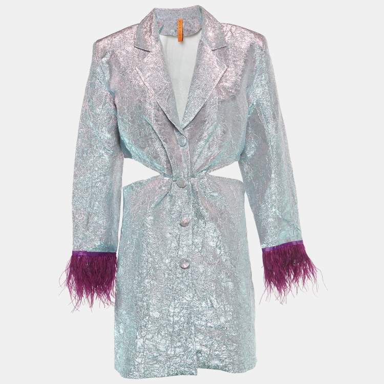 Pre Owned Koh Sui Metallic Lurex Button Front Feather Detail Cut-Out Mini Dress M