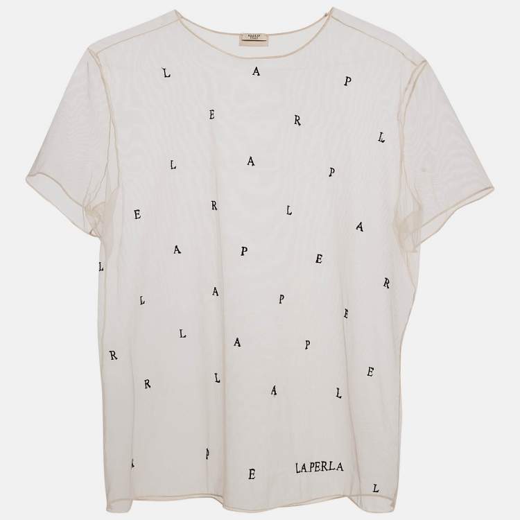 Pre Owned La Perla Light Pink Logo Embroidered Tulle Sheer Top M