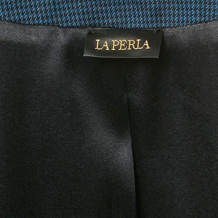 Pre Owned La Perla Blue Houndstooth Wool Lace Inserts Suit S