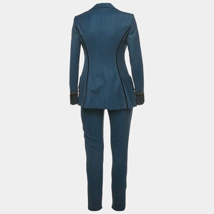 Pre Owned La Perla Blue Houndstooth Wool Lace Inserts Suit S