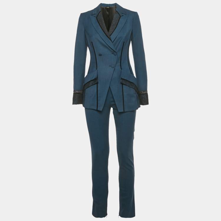 Pre Owned La Perla Blue Houndstooth Wool Lace Inserts Suit S
