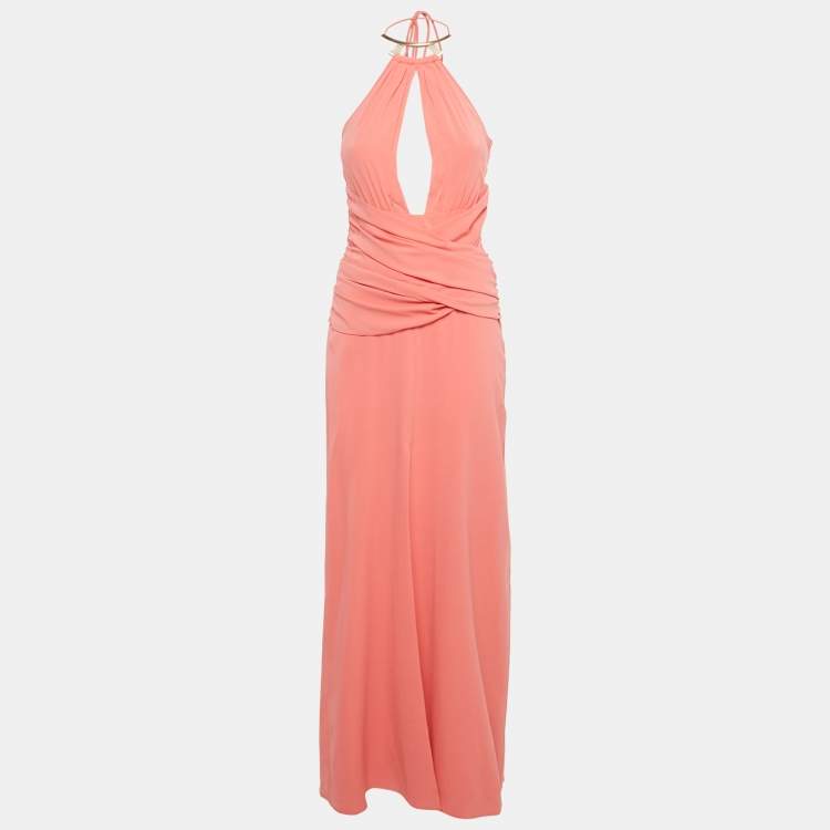 Pre Owned La Perla Pink Silk Halter Neck Draped Maxi Dress M 