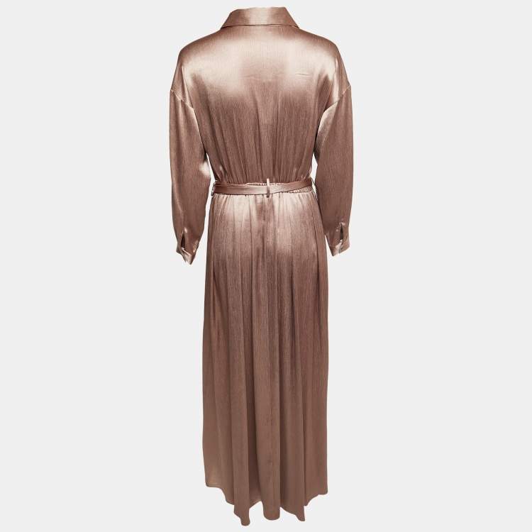 Pre Owned L' Agence Champagne Brown Crinkled Satin Belted Maxi Shirt Dress S