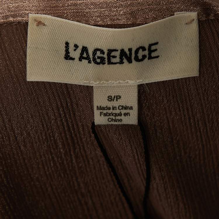 Pre Owned L' Agence Champagne Brown Crinkled Satin Belted Maxi Shirt Dress S