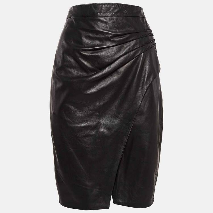 Pre Owned L'agence Black Pleated Leather Pencil Skirt L