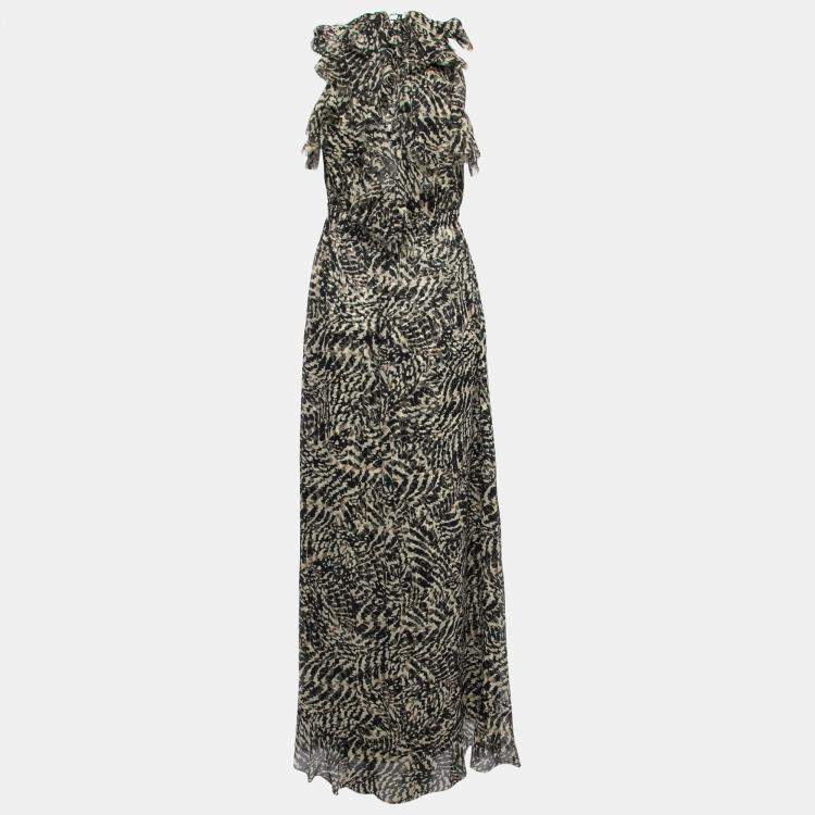Pre Owned L'agence Brown Abstract Printed Silk Sophie Flutter Maxi Dress M 