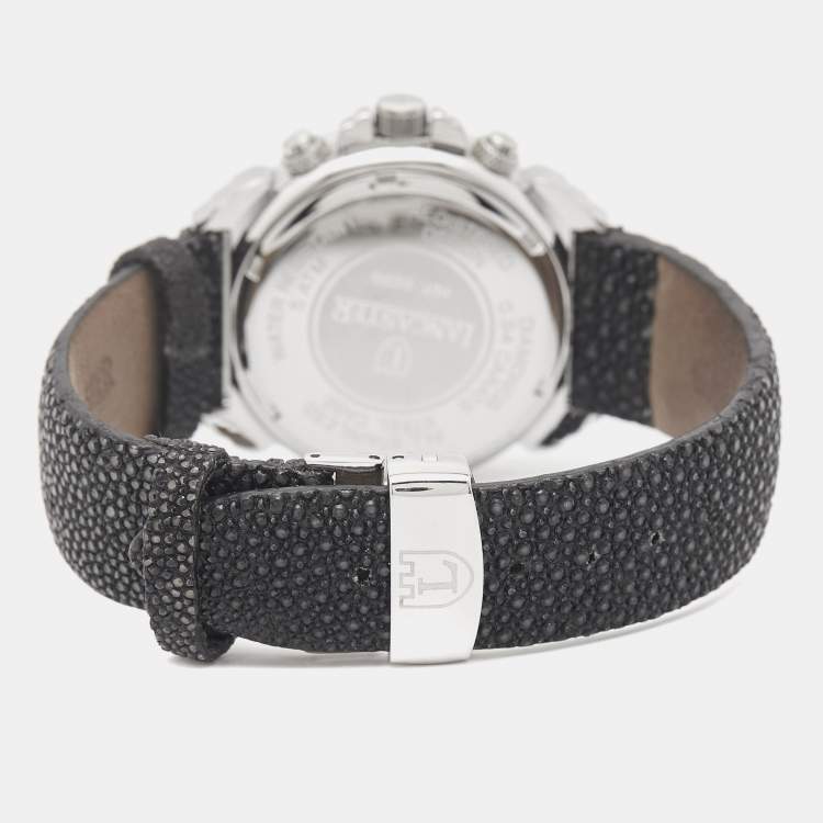 Pre Owned Lancaster Black Stainless Steel Galuchat Leather Diamond Ref.0226 Women's Wristwatch 39 mm
