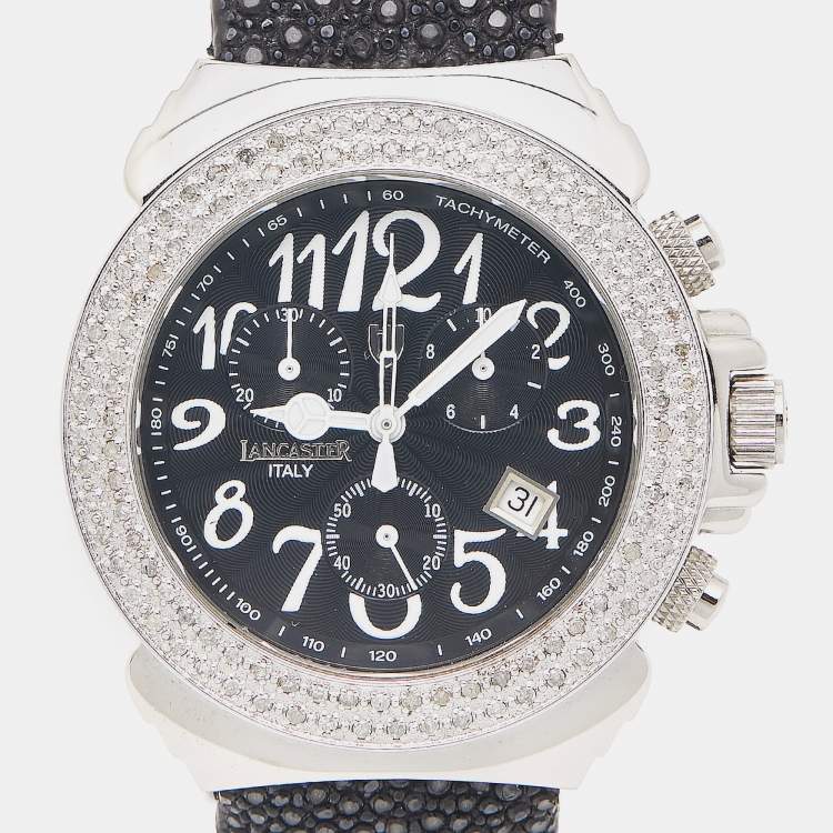 Pre Owned Lancaster Black Stainless Steel Galuchat Leather Diamond Ref.0226 Women's Wristwatch 39 mm