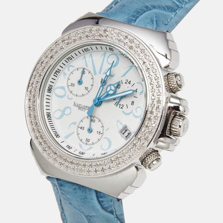Pre Owned Lancaster White Diamond Stainless Steel Leather Ref.0226G Women's Wristwatch 38 mm 