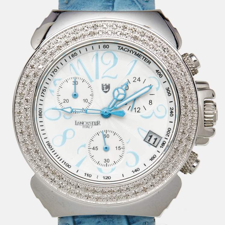 Pre Owned Lancaster White Diamond Stainless Steel Leather Ref.0226G Women's Wristwatch 38 mm 