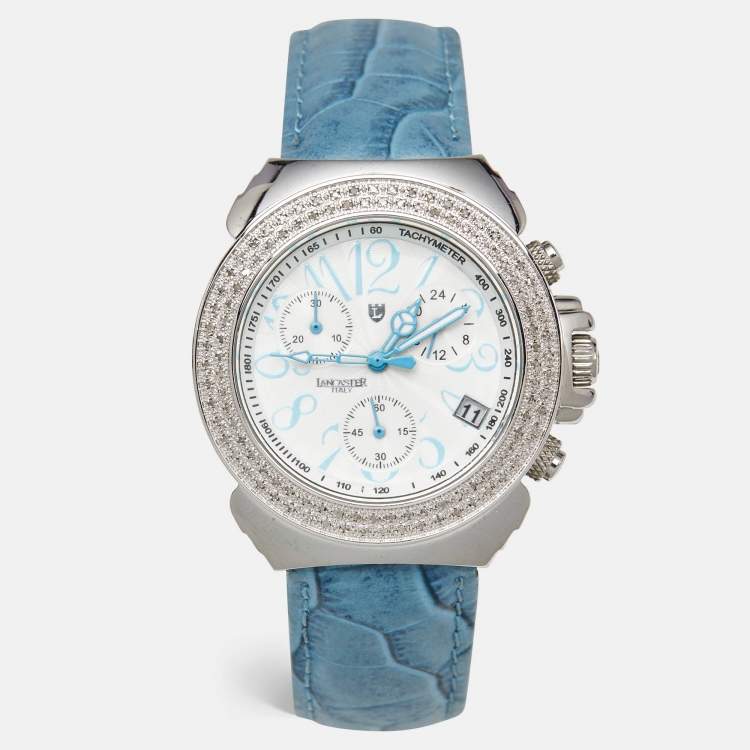Pre Owned Lancaster White Diamond Stainless Steel Leather Ref.0226G Women's Wristwatch 38 mm 