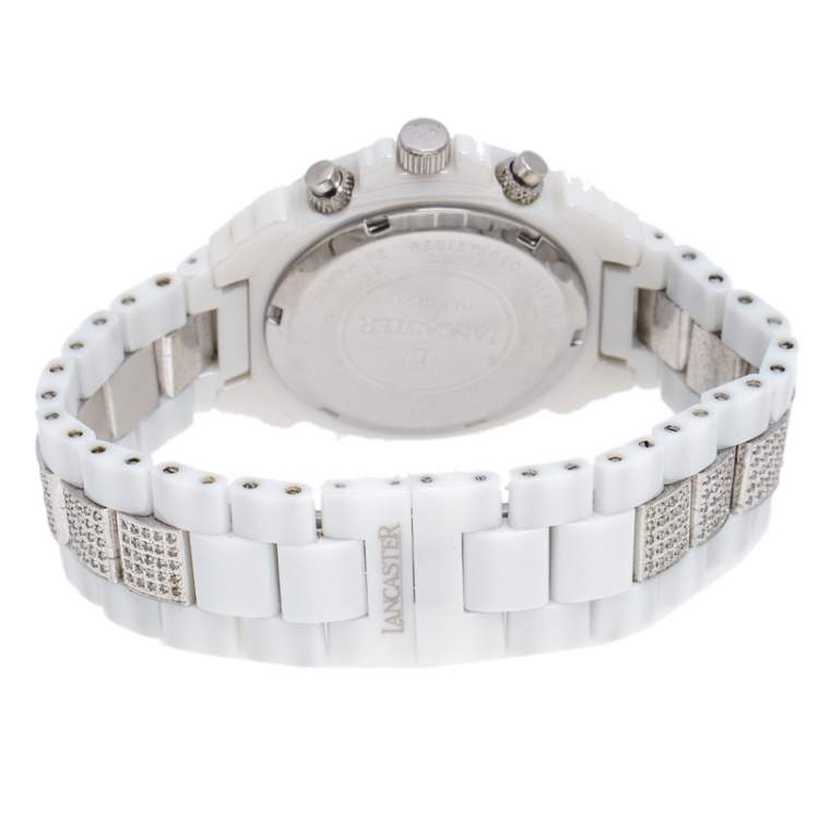 Pre Owned Lancaster Mother of Pearl Diamond Pave White Ceramic Stainless Steel Ref.0293 Women's Wristwatch 40 mm