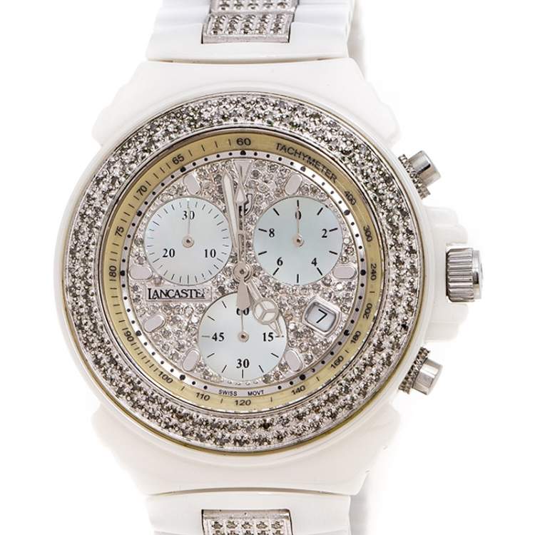 Pre Owned Lancaster Mother of Pearl Diamond Pave White Ceramic Stainless Steel Ref.0293 Women's Wristwatch 40 mm