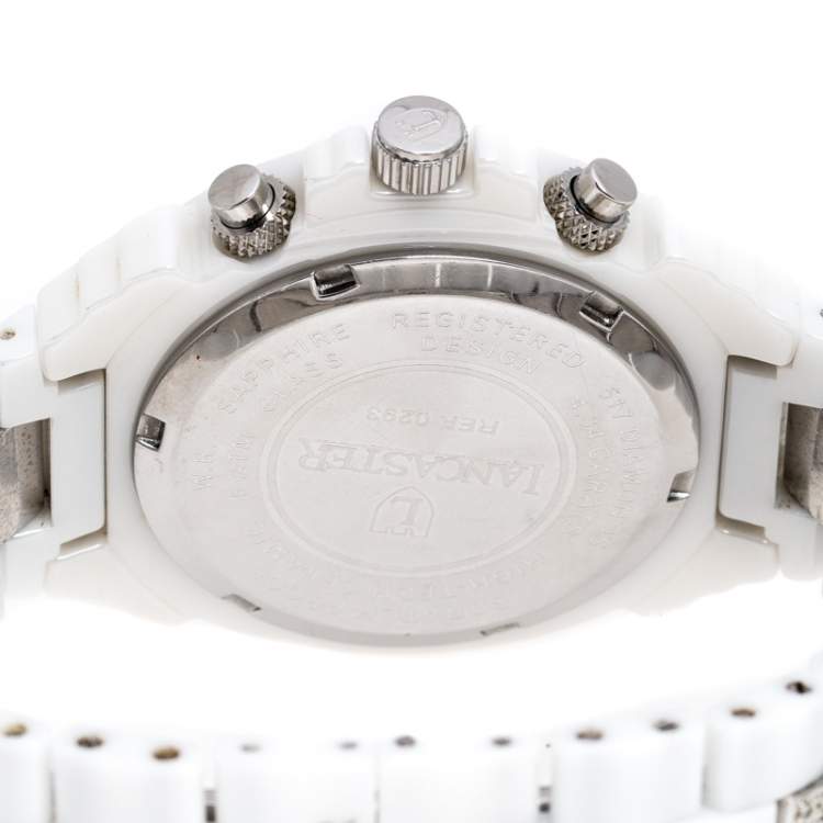 Pre Owned Lancaster Mother of Pearl Diamond Pave White Ceramic Stainless Steel Ref.0293 Women's Wristwatch 40 mm