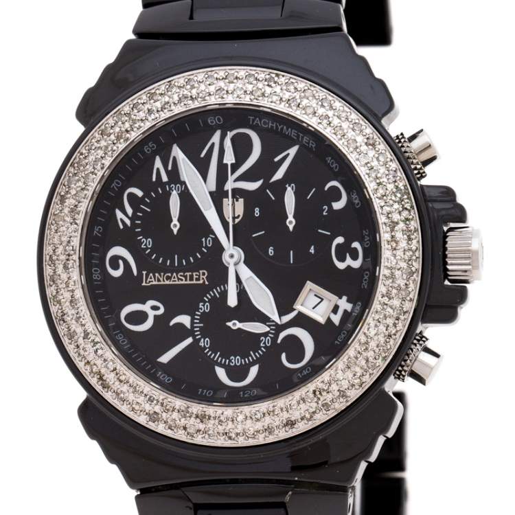 Pre Owned Lancaster Black Ceramic Stainless Steel Ref.0285 Women's Wristwatch 39 mm