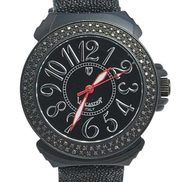 Pre Owned Lancaster Black  PVD Coated Stainless Steel Stingray Leather Pillola REF.0351L Women's Wristwatch 37 mm