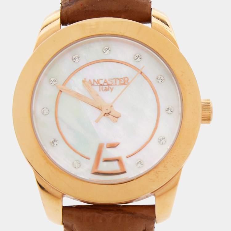 Pre Owned Lancaster Mother of Pearl Rose Gold Plated Stainless Steel Leather Crystallized REF.0632 Women's Wristwatch 33 mm