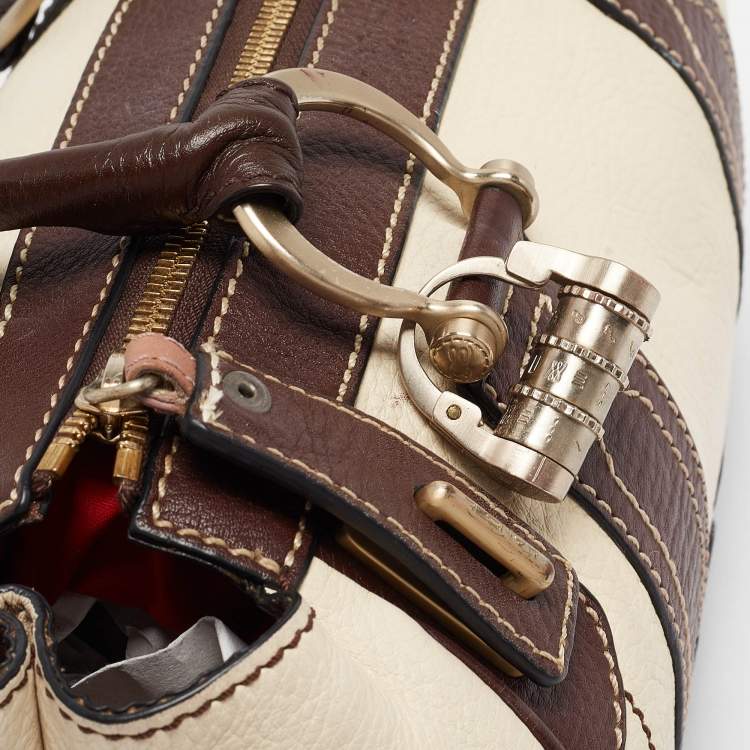 Pre Owned Lancel Brown/Off White Leather Lock Detail Satchel