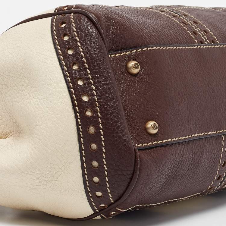 Pre Owned Lancel Brown/Off White Leather Lock Detail Satchel