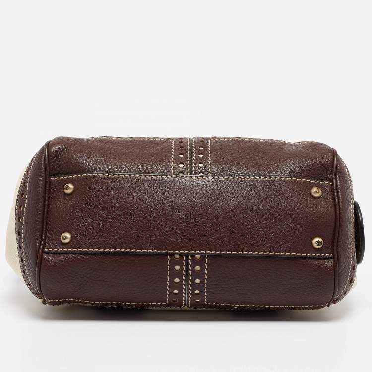 Pre Owned Lancel Brown/Off White Leather Lock Detail Satchel