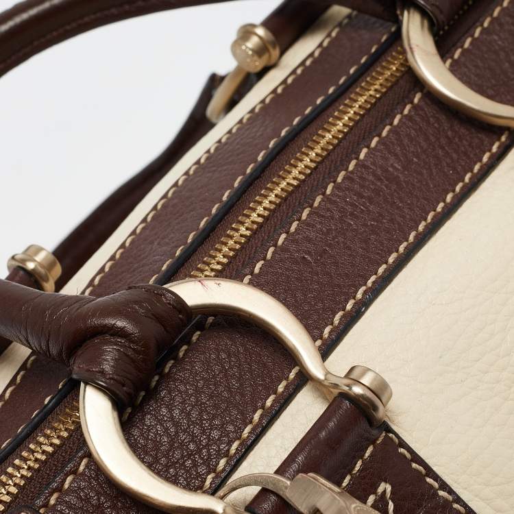 Pre Owned Lancel Brown/Off White Leather Lock Detail Satchel