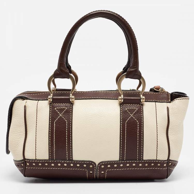 Pre Owned Lancel Brown/Off White Leather Lock Detail Satchel