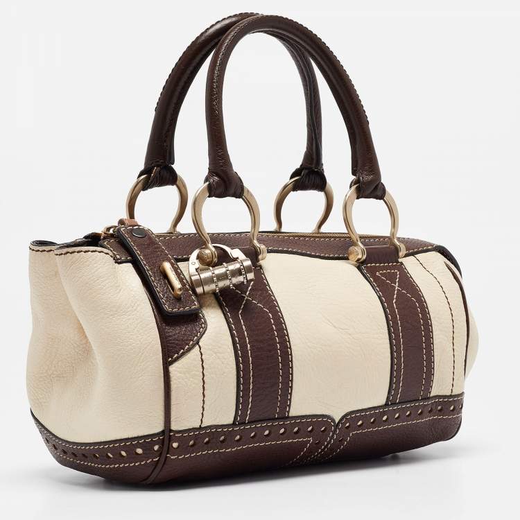 Pre Owned Lancel Brown/Off White Leather Lock Detail Satchel