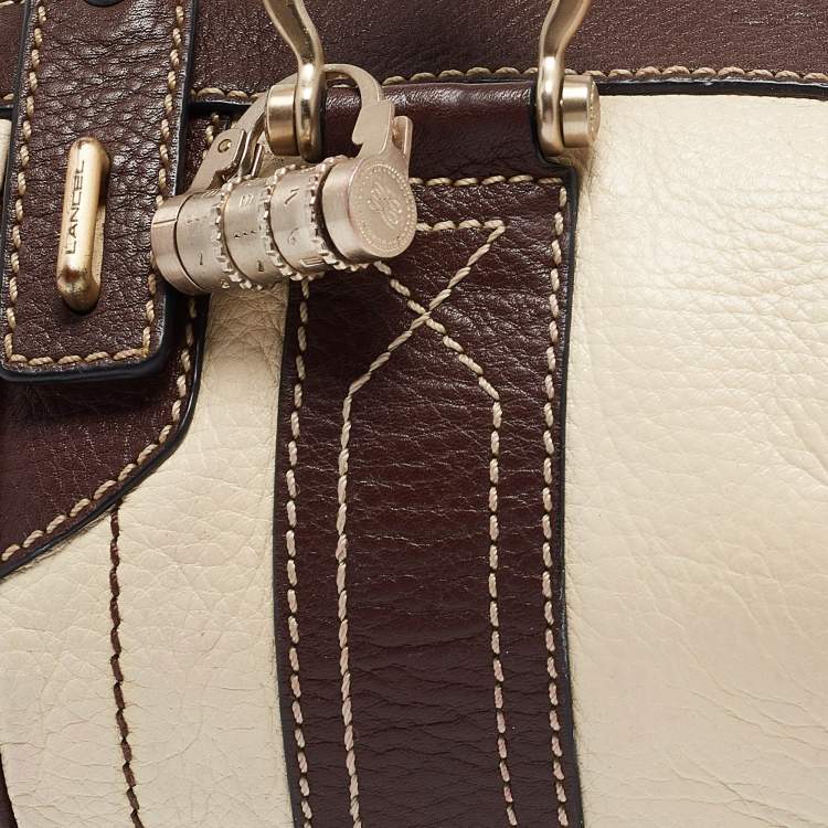 Pre Owned Lancel Brown/Off White Leather Lock Detail Satchel