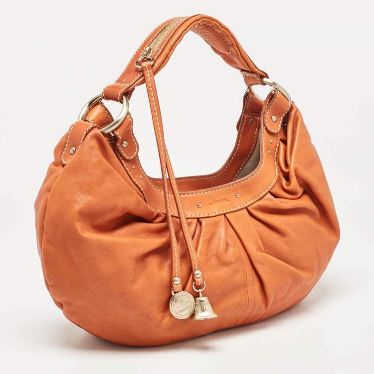 Pre Owned Lancel Orange Pleated Leather Bell Hobo