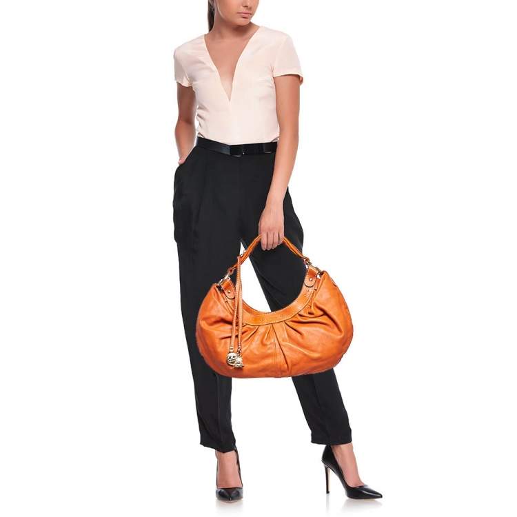 Pre Owned Lancel Orange Pleated Leather Bell Hobo