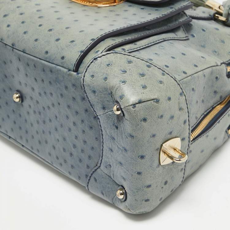 Pre Owned Lancel Blue Ostrich Embossed Leather Adjani Satchel