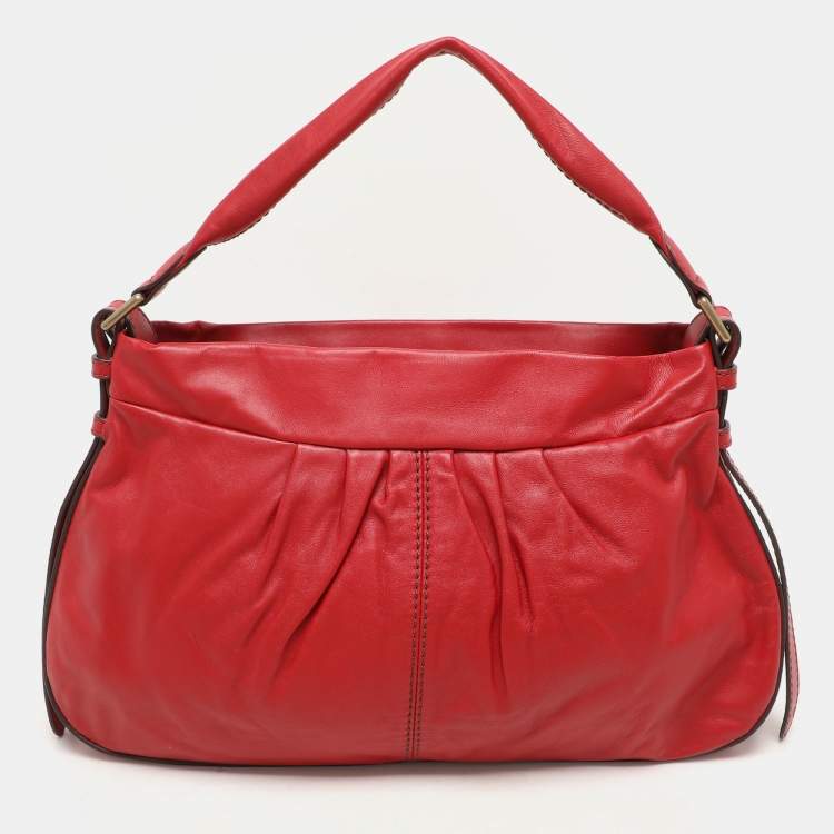 Pre Owned Lancel Red Pleated Leather Satchel