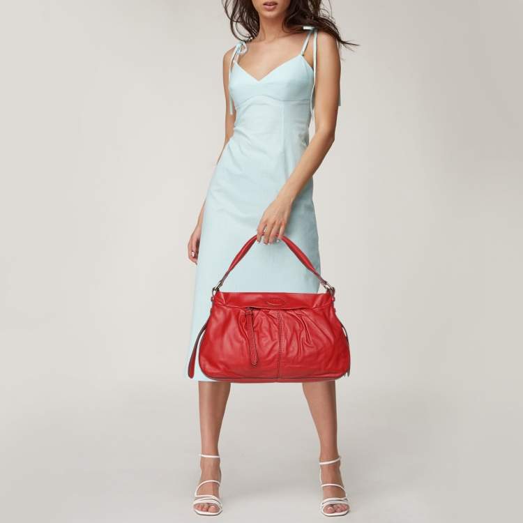 Pre Owned Lancel Red Pleated Leather Satchel