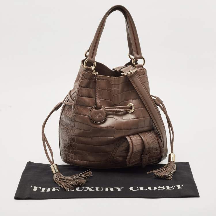 Pre Owned Lancel Grey Croc Embossed Leather Premiere Flirt Bucket Bag