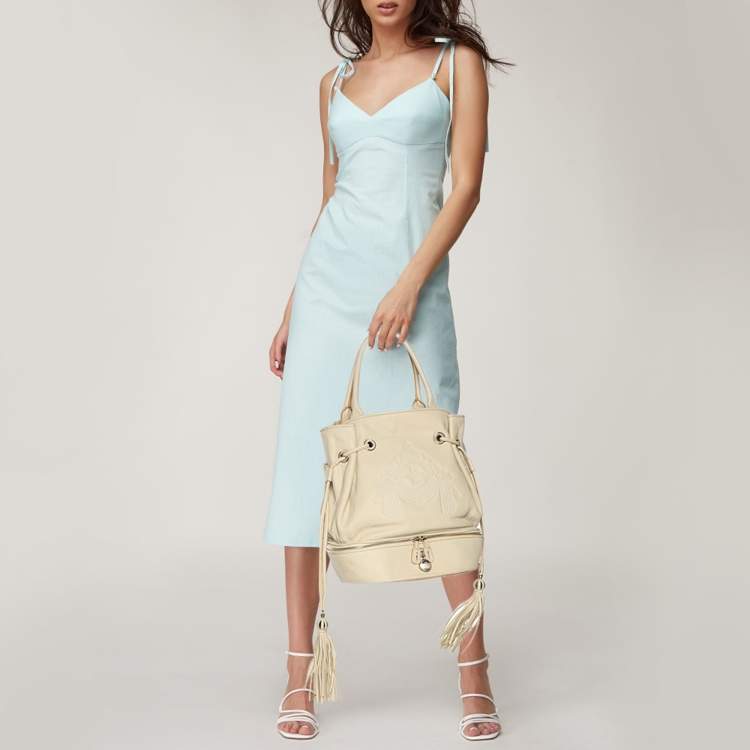 Pre Owned Lancel Cream Leather Drawstring Tassel Tote
