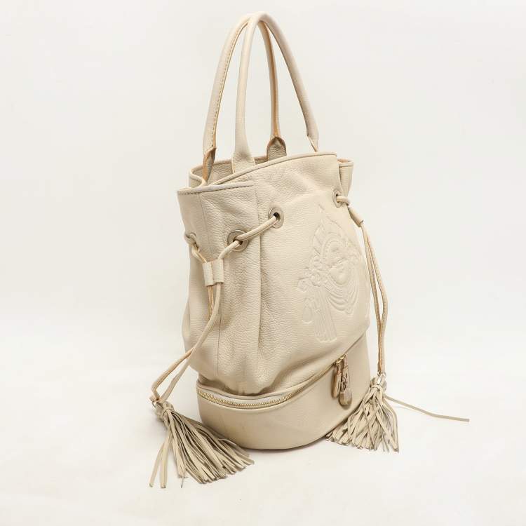 Pre Owned Lancel Cream Leather Drawstring Tassel Tote
