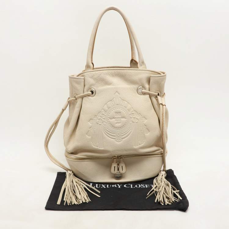 Pre Owned Lancel Cream Leather Drawstring Tassel Tote