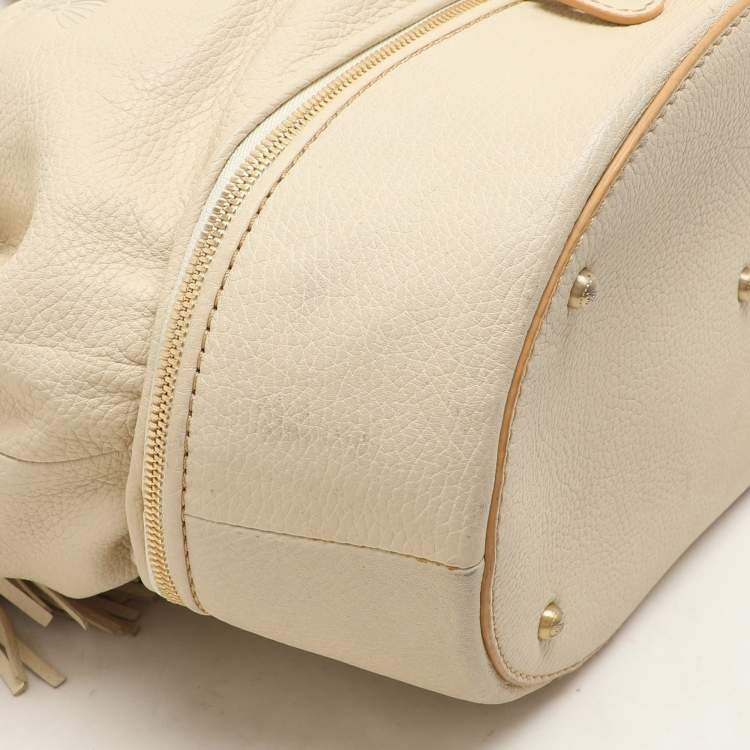Pre Owned Lancel Cream Leather Drawstring Tassel Tote