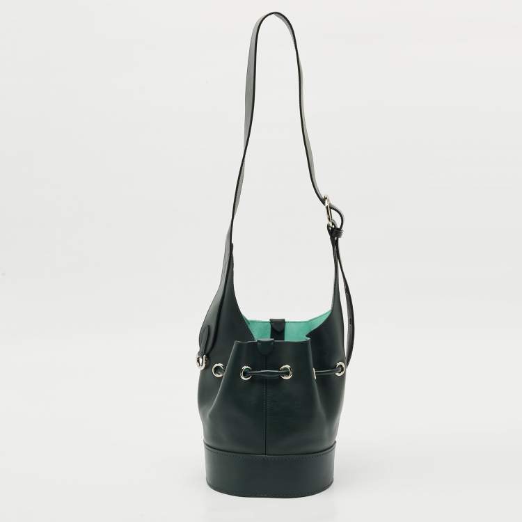 Pre Owned Lancel Dark Green Leather Drawstring Bucket Bag