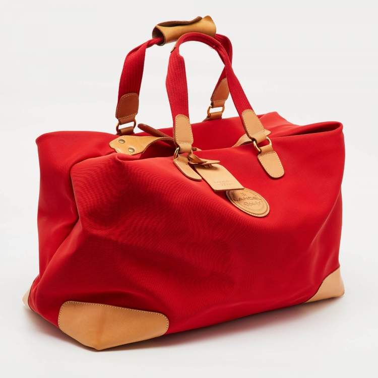 Pre Owned Lancel Red/Tan Canvas and Leather Trim Weekend Duffel Bag