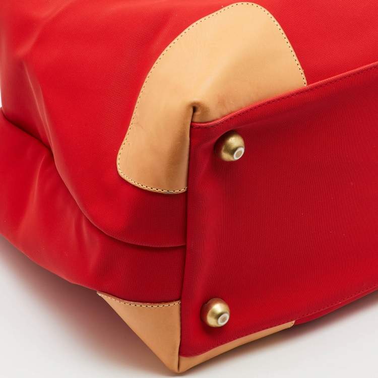 Pre Owned Lancel Red/Tan Canvas and Leather Trim Weekend Duffel Bag
