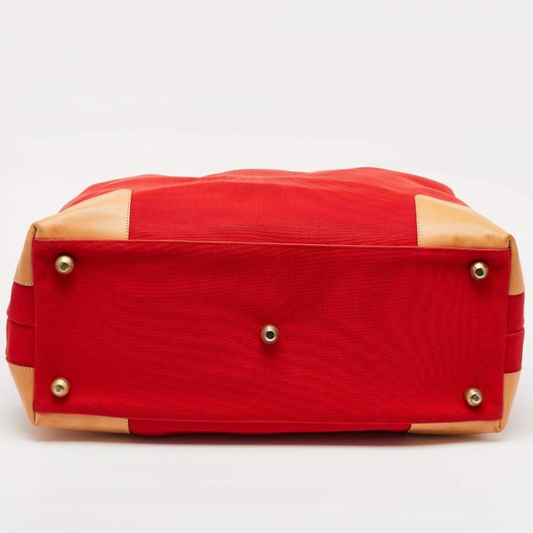 Pre Owned Lancel Red/Tan Canvas and Leather Trim Weekend Duffel Bag