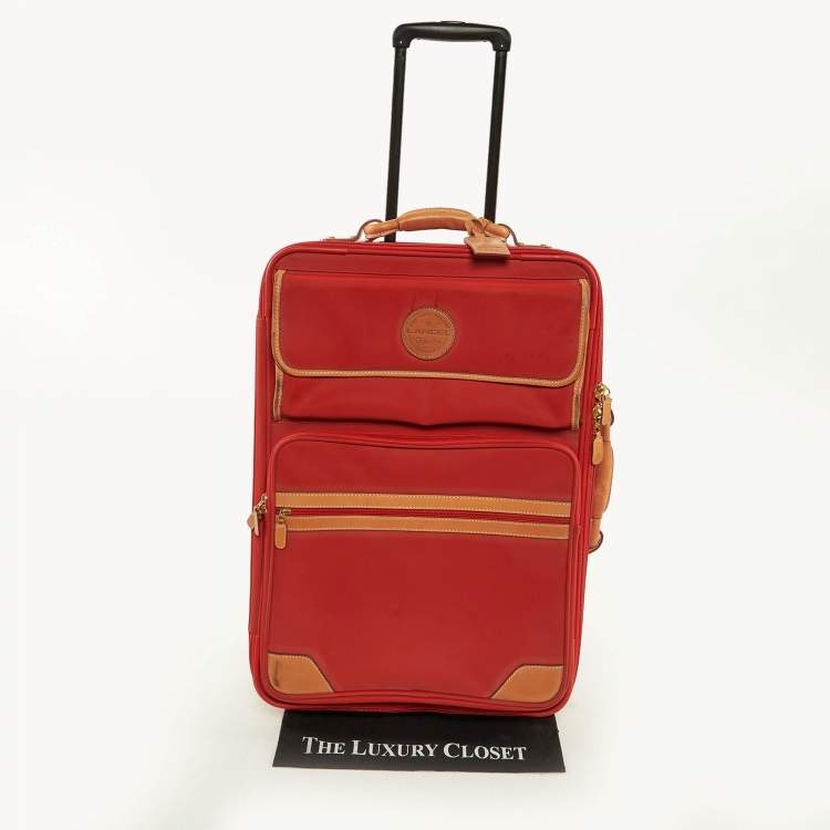 Pre Owned Lancel Red/Tan Canvas and Leather Rolling Suitcase Luggage