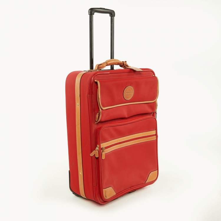 Pre Owned Lancel Red/Tan Canvas and Leather Rolling Suitcase Luggage