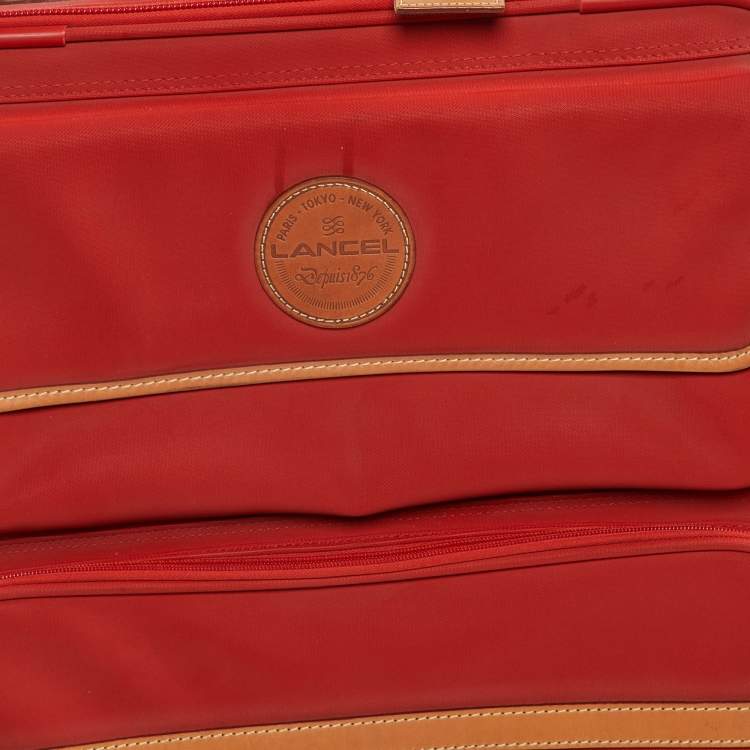 Pre Owned Lancel Red/Tan Canvas and Leather Rolling Suitcase Luggage