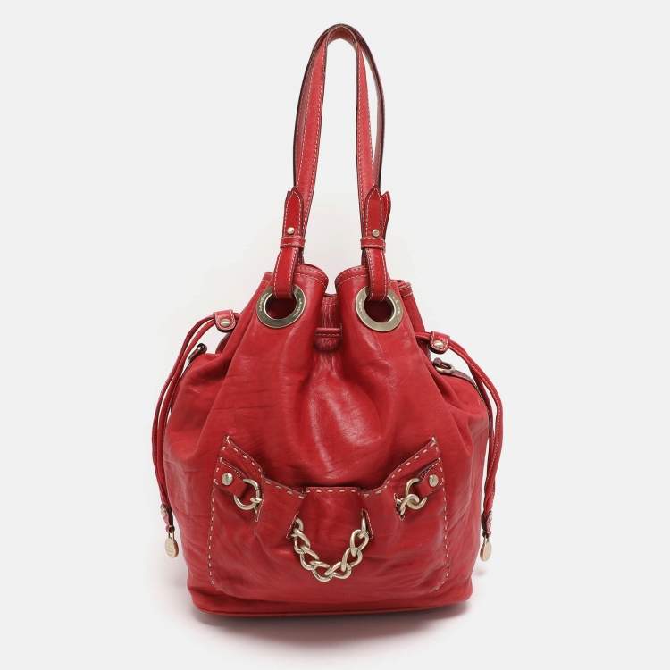 Pre Owned Lancel Red Leather Drawstring Hobo