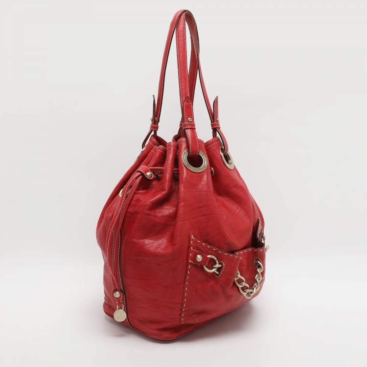 Pre Owned Lancel Red Leather Drawstring Hobo