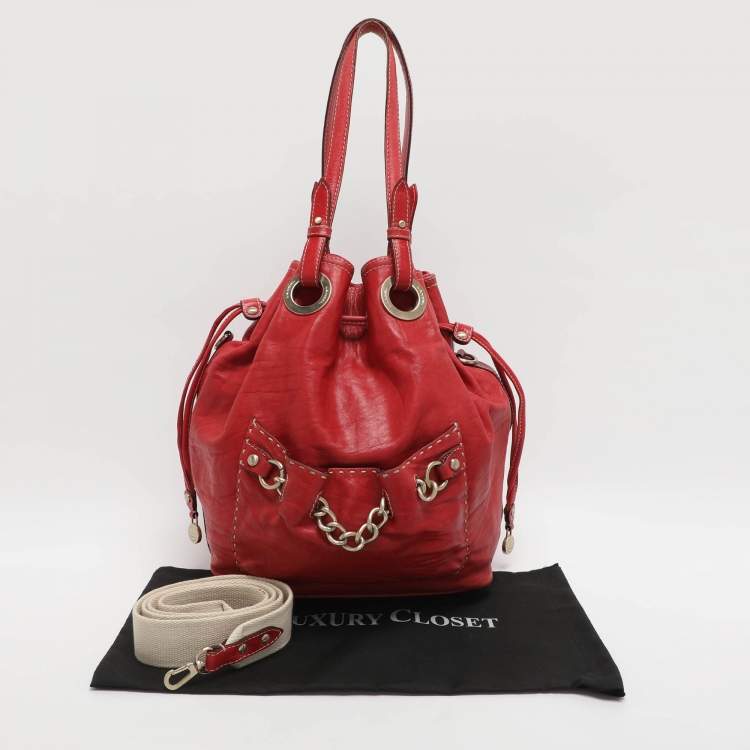 Pre Owned Lancel Red Leather Drawstring Hobo