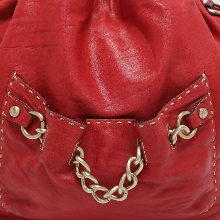 Pre Owned Lancel Red Leather Drawstring Hobo